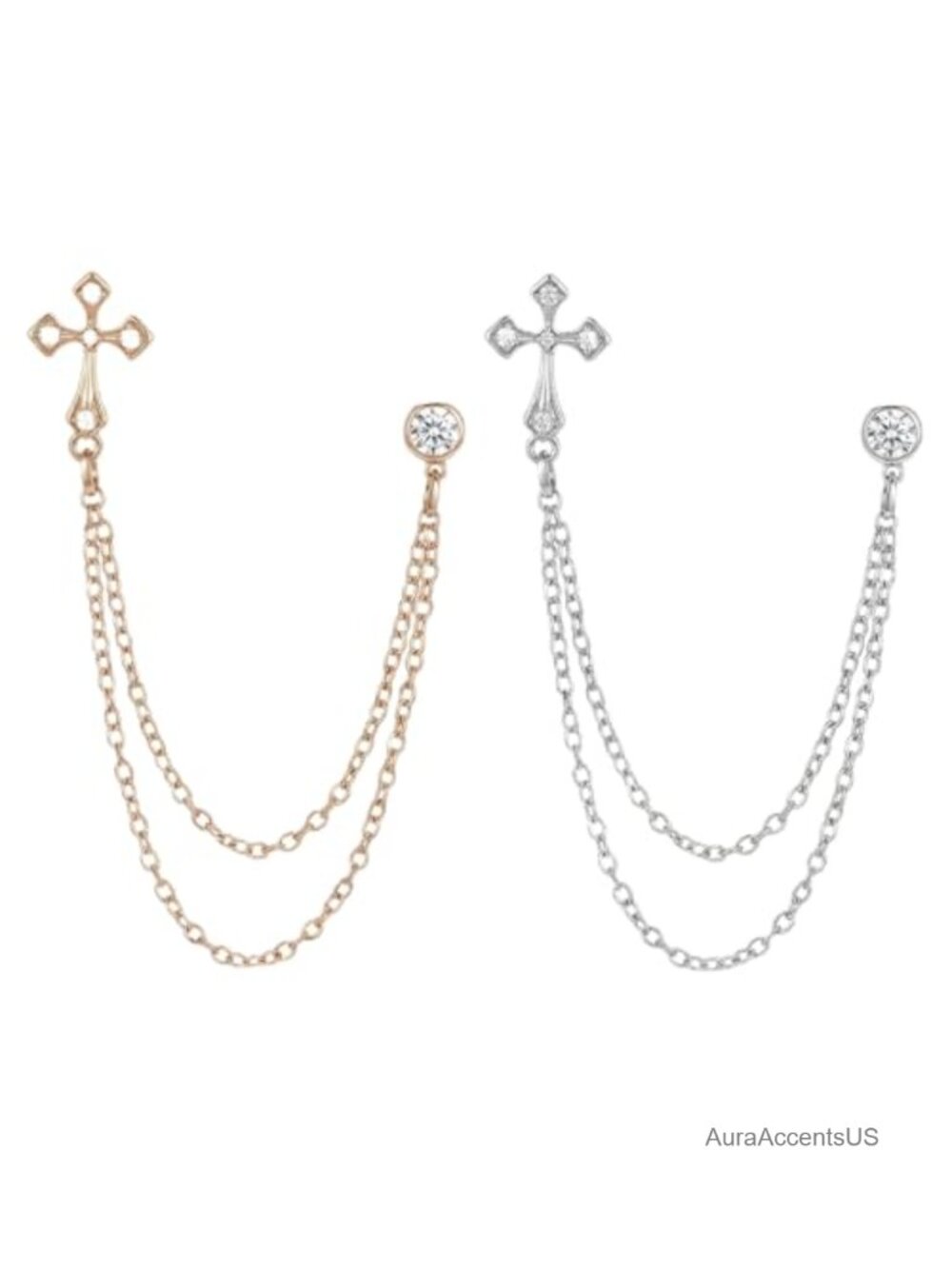 2Pcs Chain Brooch with Cross Lapel Pin Vintage Crystal Suit Accessory